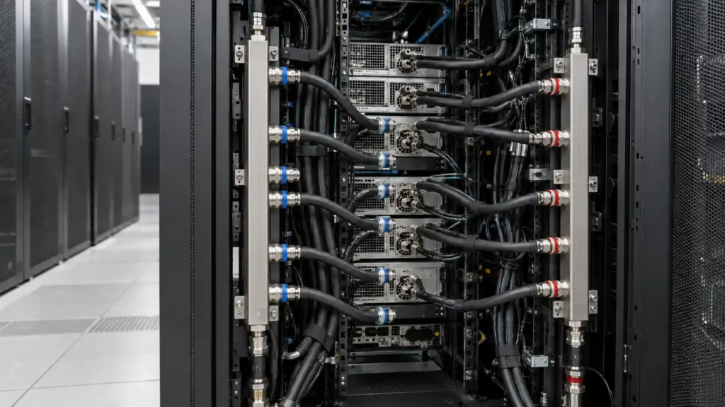 In-rack liquid cooling manifold connected to multiple servers