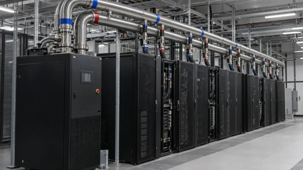 Row-based liquid cooling manifold distributing coolant across multiple server racks